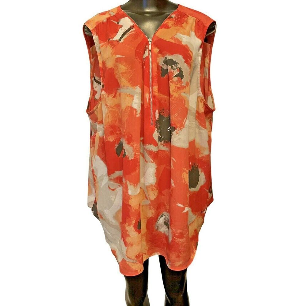 Size 24W INC Sleeveless Sheer Floral Tank Blouse‎ Front Zipper Orange Red Tan